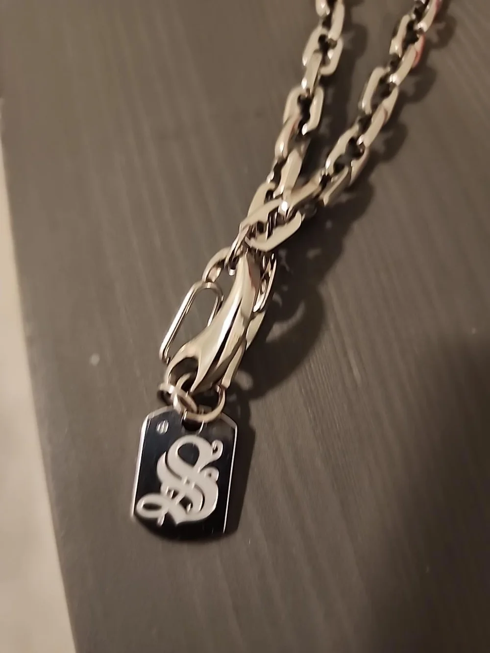 Silver-tone Mens Chain Necklace with Engraved Tag